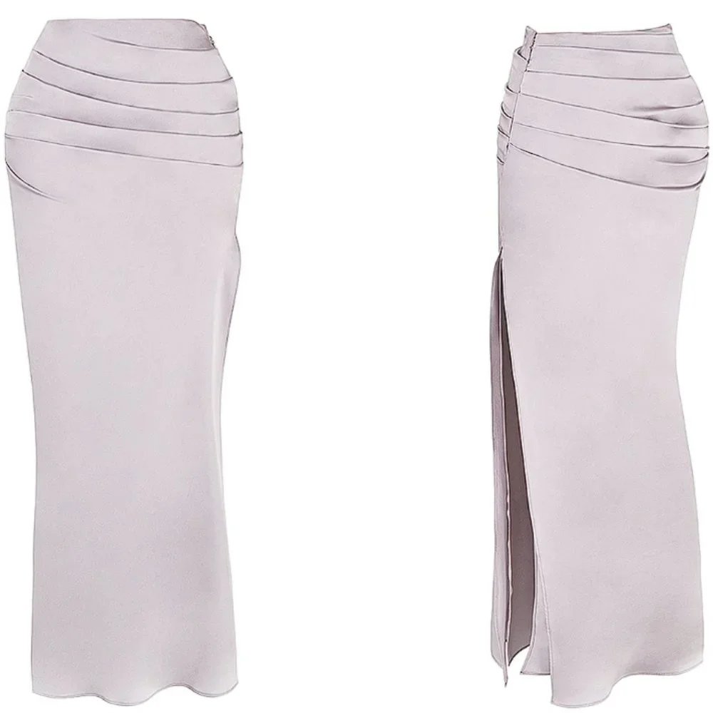 HOUSE OF CB 'Jia' Grey Satin Gathered Maxi Skirt NWOT - Picture 6 of 9